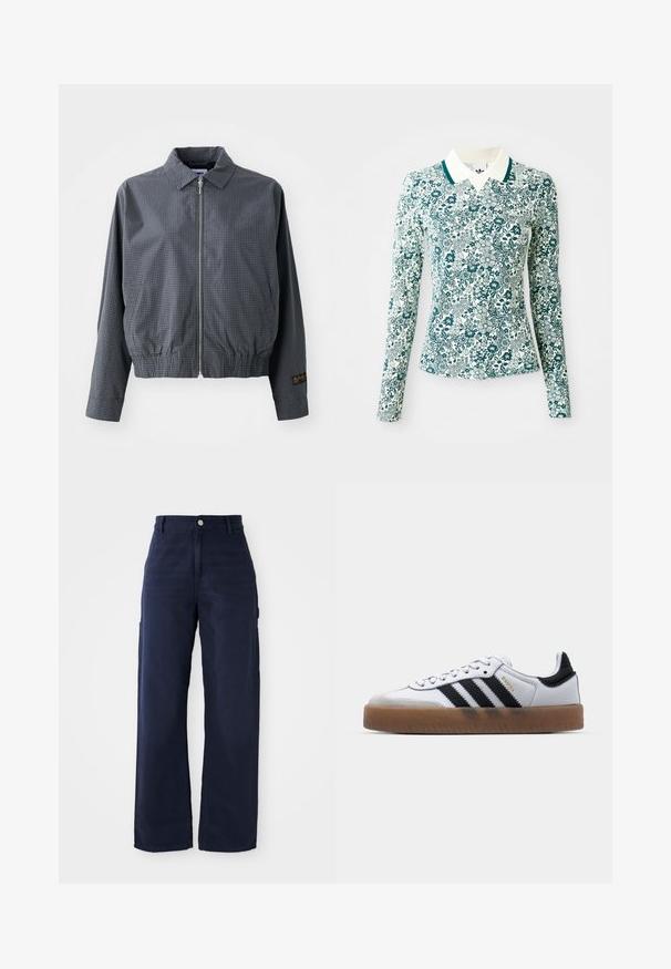 Γκρι καρό bomber jacket, ελαφρύ ύφασμα, κλείσιμο με φερμουάρ, γιακάς, ελαστική μέση, πλαϊνές τσέπες και αντίθετη λεπτομέρεια λογότυπου στο μανίκι.; Μακριά μανίκια εφαρμοστό πουκάμισο με μοτίβο λευκών και τυρκουάζ λουλουδιών και λευκό γιακά με τυρκουάζ διακόσμηση σε απλό φόντο.; Ναυτικό μπλε παντελόνια cargo με φαρδιά πόδια από ανθεκτικό βαμβακερό ύφασμα, διαθέτοντας πλαϊνές τσέπες και κουμπί κλεισίματος στη μέση.; Λευκά δερμάτινα αθλητικά παπούτσια με μαύρες ρίγες, σόλα από καουτσούκ γκιομ, στρογγυλή μύτη, κλείσιμο με κορδόνια και μαλακή γκρι σουέτ μύτη.