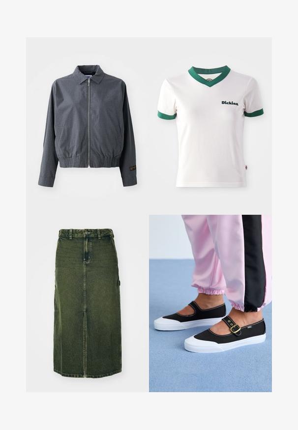 Harmaa ruudullinen bomber-takki, kevyt kangas, vetoketjusulku, kaulus, elastinen helma, sivutaskut ja kontrastivärinen logo-yksityiskohta hihassa.; Valkoinen lyhythihainen T-paita, jossa on vihreä V-pääntie ja hihojen trimmit; sisältää "Dickies"-logon tummanvihreänä vasemmassa rinnassa. Sileä puuvillainen rakenne.; Vihreä farkkuhame, jossa on puolipitkä leikkaus, etuhaalari, napitus ja vyölenkit. Sen tekstuuri on hieman haalistunut, ja siinä on sivutaskut.; Mustat kangaskengät valkoisella pohjalla, joissa on leikattu muotoilu ja kultainen solkemainen remmi. Yhdistetty vaaleanpunaisten treenihousujen kanssa.