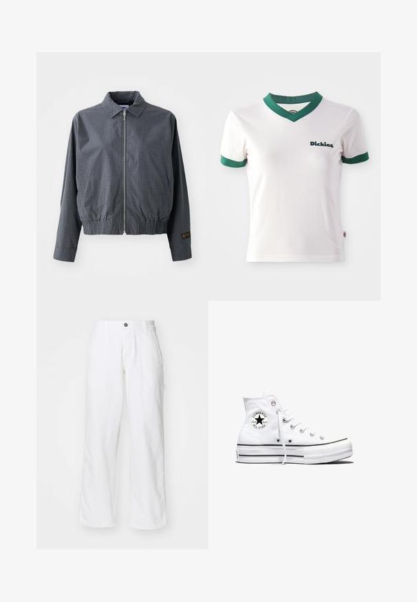 Sivá károvaná bomber bunda, ľahký materiál, zips, golier, elastický lem, bočné vrecká a kontrastný detail loga na rukáve.; Biela tričko s krátkym rukávom, s zeleným výstrihom do V a zelenými pruhmi na rukávoch; na ľavej hrudi sa nachádza logo "Dickies" v tmavozelenej farbe. Hladká bavlnená textúra.; Biele bavlnené nohavice so strihom rovného nohavého, s gombíkovým zapínaním, bočnými vreckami a voľným strihom. Hladká textúra.; Biele vysoké tenisky Converse Chuck Taylor All Star s čiernou nášivkou s logom a bielymi šnúrkami, zobrazené na bielom pozadí.
