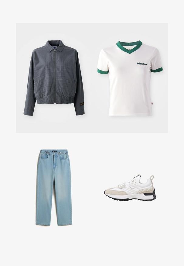 Grijze geruite bomberjack, lichtgewicht stof, ritssluiting, kraag, elastische zoom, zijzakken en contrasterend logo detail op de mouw.; Witte T-shirt met korte mouwen en groene V-hals en mouwafwerking; voorzien van het "Dickies" logo in donkergroen op de linkerkant van de borst. Gladde katoenen textuur.; Vans CINCHED CHECK - Baggy jeans - light stonewash; Witte en beige sneaker met suède en mesh materialen, textuuraccenten, een afgeronde neus en een rubberen zool. Voorzien van een logo aan de zijkant.