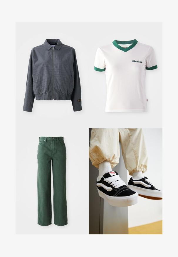 Sivá károvaná bomber bunda, ľahký materiál, zips, golier, elastický lem, bočné vrecká a kontrastný detail loga na rukáve.; Biela tričko s krátkym rukávom, s zeleným výstrihom do V a zelenými pruhmi na rukávoch; na ľavej hrudi sa nachádza logo "Dickies" v tmavozelenej farbe. Hladká bavlnená textúra.; Zelené široké džínsy vyrobené z denimu. Majú vysoký pás, rovné nohavice, predné vrecká a kovové zapínanie na gombík.; Osoba nosiaca čierno-biele tenisky Vans s bielymi šnúrkami, bielymi ponožkami a béžové nohavice s elastickými lemami.