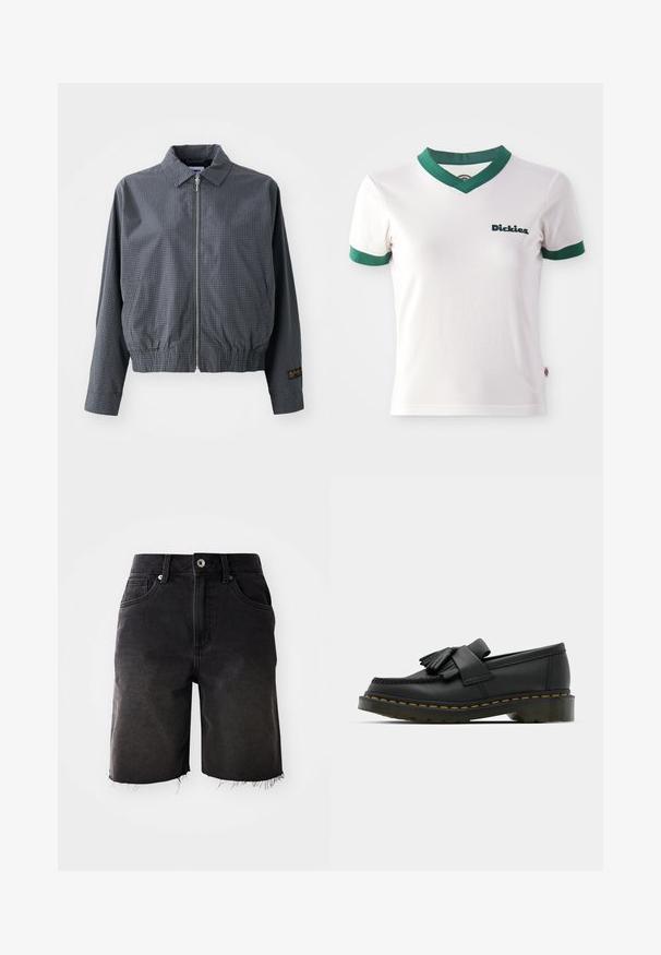Grå ternet bomberjakke, letvægtsstof, lynlåsclosure, krave, elastisk kant, sidelommer og kontrasterende logo-detalje på ærmet.; Hvid kortærmet t-shirt med grøn V-hals og ærmekanter; har "Dickies" logo i mørkegrøn på venstre bryst. Glat bomuldsstruktur.; Sorte denimshorts med en falmet vask, frynset kant, klassisk fem-lommer design og enkelt knaplukning. Tykke syninger som accentuerer hele shortsene.; Sorte læder loafers med rund tå, der har frynse detaljer og et dekorativt bånd på tværs af fronten, sat på en kraftig hæl.