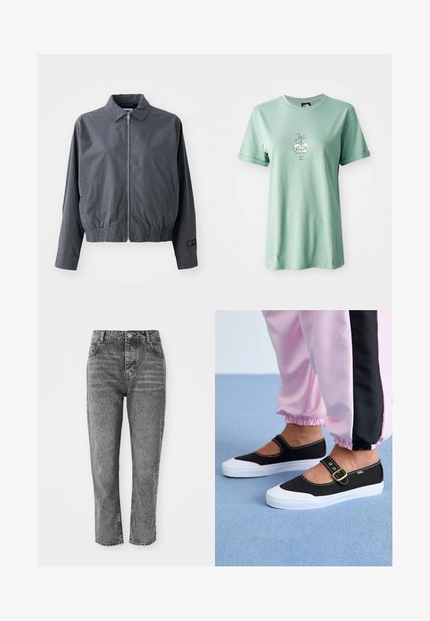 Sivá károvaná bomber bunda, ľahký materiál, zips, golier, elastický lem, bočné vrecká a kontrastný detail loga na rukáve.; Svetlozelené bavlnené tričko s krátkymi rolovanými rukávmi, s centrálnou grafikou rastliny v okrúhlej kvetináči a logom na dolnej prednej strane.; Sivé džíny s vysokým pásom, rovný strih nohavíc, so prednými vreckami a malým kovovým gombíkom na páske.; Čierne plátenné topánky s bielou podrážkou, s výrezovým dizajnom a zlatým prackovým remienkom. Nosené s ružovými teplákmi.