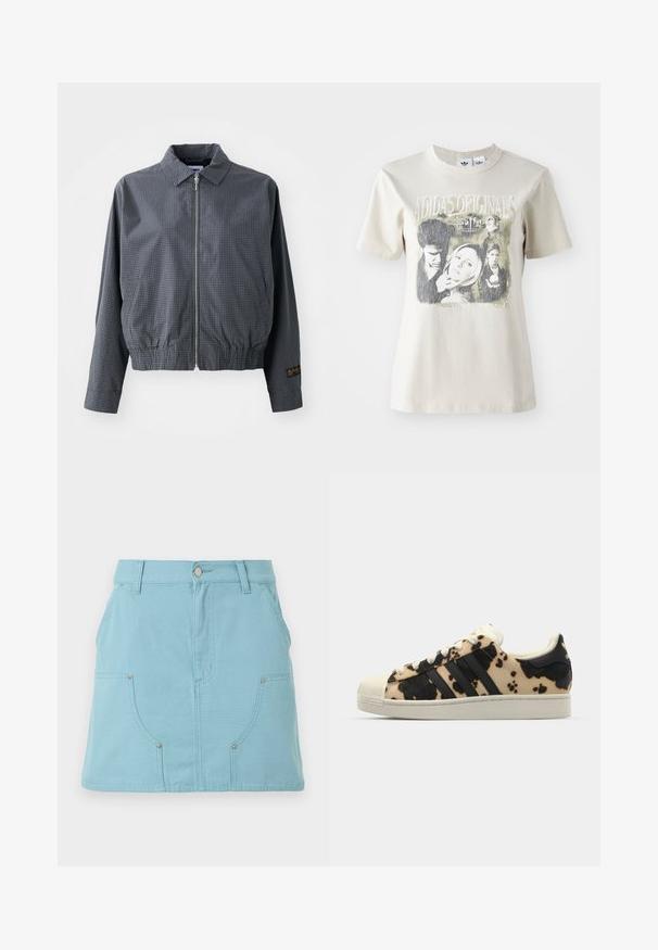 Sivá károvaná bomber bunda, ľahký materiál, zips, golier, elastický lem, bočné vrecká a kontrastný detail loga na rukáve.; Béžové bavlnené tričko s okrúhlym výstrihom. Obsahuje grafický potlač s postavami a textom z "Buffy" v čiernych a sivých odtieňoch.; Svetlomodrá sukňa do A s prednými vreckami, pútkami na opasok a zapínaním na gombík v páse, zobrazená na bielom pozadí.; Tenisky s vzorom z hovädzej kože v béžovej a čiernej farbe, tri čierne pruhy, biela gumená špička a textúrovaná podrážka. Obsahujú šnúrky a značkovanie.