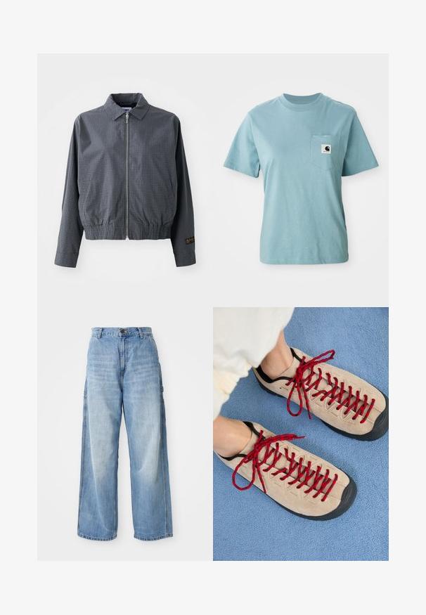 Γκρι καρό bomber jacket, ελαφρύ ύφασμα, κλείσιμο με φερμουάρ, γιακάς, ελαστική μέση, πλαϊνές τσέπες και αντίθετη λεπτομέρεια λογότυπου στο μανίκι.; Γαλάζιο κοντομάνικο βαμβακερό T-shirt με τσέπη στο στήθος που διαθέτει ένα μικρό μαύρο και άσπρο λογότυπο Carhartt.; Ανοιχτό γαλάζιο παντελόνι με φαρδιά γραμμή και ψηλή μέση, διαθέτοντας πλαϊνές τσέπες και ξεθωριασμένη υφή, κατασκευασμένο από τζιν ύφασμα.; Μπεζ παπούτσια με κόκκινες κορδόνες, τοποθετημένα σε μια υφή μπλε επιφάνειας, αποκαλύπτουν εν μέρει τον αστράγαλο ενός ατόμου. Τα παπούτσια έχουν σπορ σχεδιασμό.
