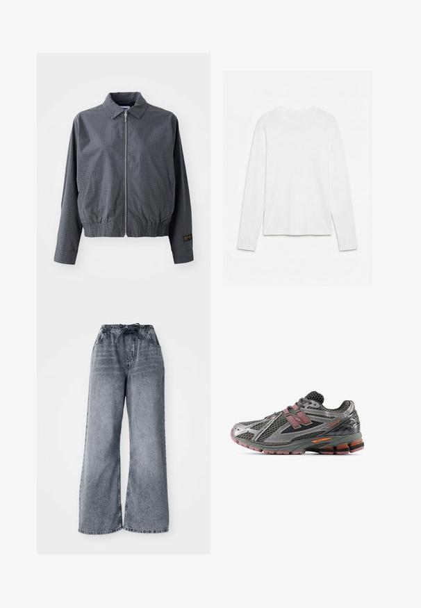 Γκρι καρό bomber jacket, ελαφρύ ύφασμα, κλείσιμο με φερμουάρ, γιακάς, ελαστική μέση, πλαϊνές τσέπες και αντίθετη λεπτομέρεια λογότυπου στο μανίκι.; Απλό λευκό μακρυμάνικο μπλουζάκι με στρογγυλή λαιμόκοψη, τοποθετημένο επίπεδο σε λευκή επιφάνεια, εμφανίζοντας το μπροστινό μέρος και το μήκος των μανικιών.; Γκρι τζιν παντελόνι με φαρδιά γραμμή, ελαστική μέση, κλείσιμο με κορδόνι και πλαϊνές τσέπες. Ύφασμα με ξεθωριασμένη υφή.; Γκρι αθλητικό παπούτσι με πλέγμα, με ροζ και μαύρες λεπτομέρειες, υφή στην επιφάνεια, ενισχυμένο μπροστινό μέρος και εμφανή τεχνολογία απορρόφησης κραδασμών στη σόλα.