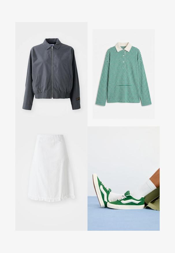 Chaqueta bomber a cuadros grises, de tejido ligero, con cierre de cremallera, cuello, dobladillo elástico, bolsillos laterales y detalle de logo en contraste en la manga.; Camiseta polo de manga larga con rayas horizontales verdes y blancas, con cuello blanco y tres botones blancos en la tapeta frontal.; Falda blanca con cintura elástica, que presenta un patrón texturizado y un dobladillo con volantes en la parte inferior. Diseño simple en forma de A.; Zapatillas de ante verde con acentos blancos, cordones texturizados que presentan detalles en rosa y una suela de goma beige, combinadas con calcetines blancos y pantalones cortos verdes.