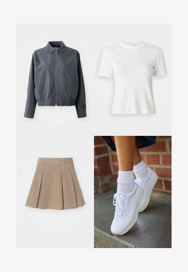 Sivá károvaná bomber bunda, ľahký materiál, zips, golier, elastický lem, bočné vrecká a kontrastný detail loga na rukáve.; Biely rebrovaný tričko s krátkymi rukávmi a okrúhlym výstrihom, s malým logom na hrudi. Vyrobené z mäkkej tkaniny s priliehavým strihom.; Béžová plisovaná sukňa vyrobená z texturovanej tkaniny. Má pás s pútkami na opasok a logo nášivku na prednej ľavej strane.; Biele plátené tenisky s gumovou podrážkou, s piatimi dierkami na šnúrky, okrúhlou špičkou a svetlými švami, doplnené o biele členkové ponožky.