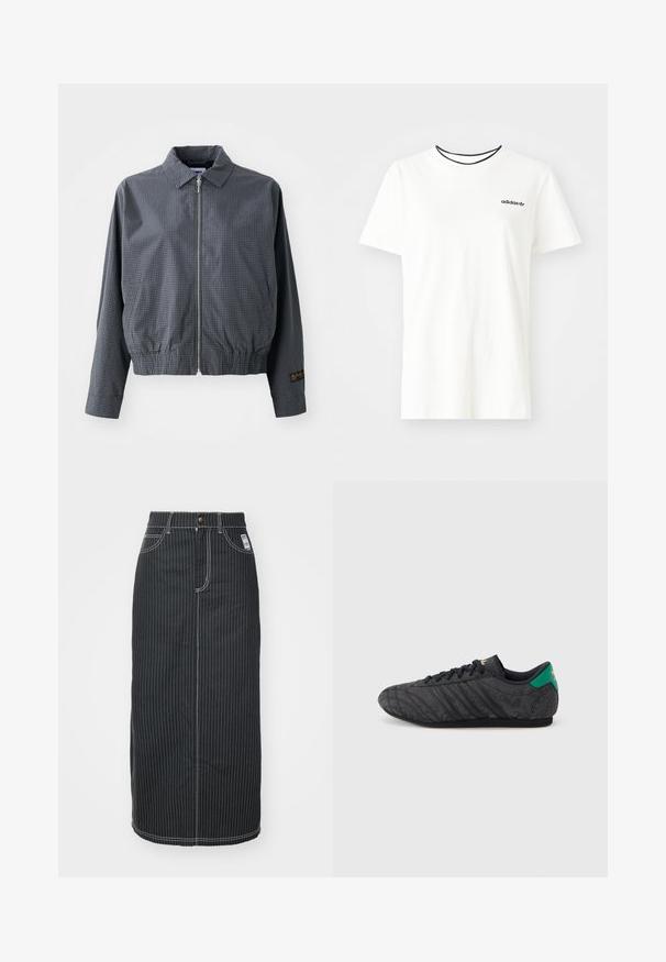 Sivá károvaná bomber bunda, ľahký materiál, zips, golier, elastický lem, bočné vrecká a kontrastný detail loga na rukáve.; Biela bavlnená tričko s krátkymi rukávmi a okrúhlym výstrihom. Obsahuje čierne logo Adidas na hrudi a kontrastný čierny vnútorný golier.; Čierna denim midi sukňa s bielymi vertikálnymi pruhmi. Obsahuje pás na gombík, dve predné vrecká a kontrastné šitie. Priamy strih.; Čierna nízka teniska s jemným kvetinovým vzorom, čiernymi šnúrkami, zelenou pätovou záložkou a zlatým logom na jazyku a päte.