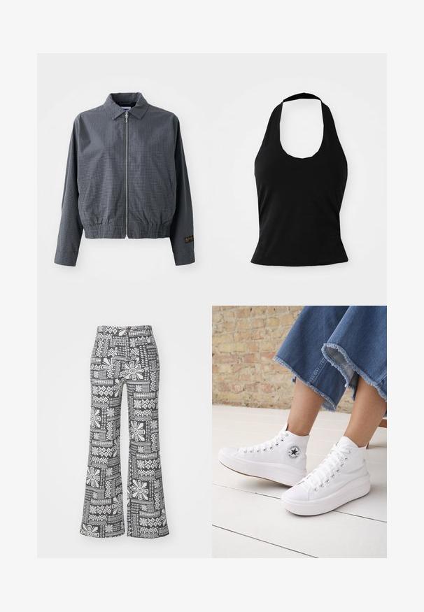 Veste bomber à carreaux gris, en tissu léger, avec fermeture éclair, col, ourlet élastique, poches latérales et détail de logo contrastant sur la manche.; Haut halter noir en tissu doux, avec un col rond et une silhouette ajustée, à la texture lisse et sans motifs visibles.; Pantalons évasés noir et blanc avec un motif floral géométrique. Fabriqués dans un tissu léger avec une texture douce.; Personne portant des baskets Converse blanches montantes avec des semelles épaisses et un jean bleu court à ourlet effiloché, contre un mur en briques et un sol blanc.