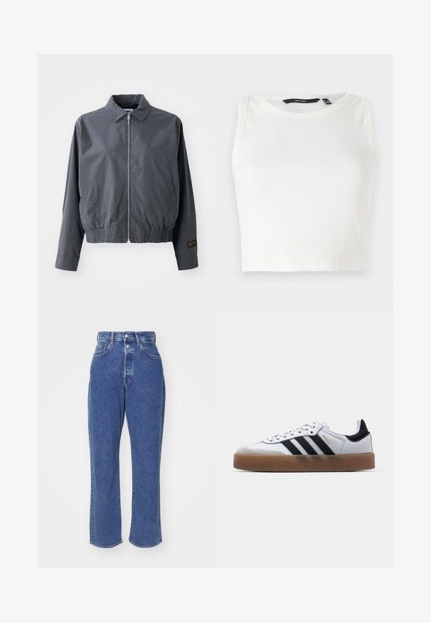 Γκρι καρό bomber jacket, ελαφρύ ύφασμα, κλείσιμο με φερμουάρ, γιακάς, ελαστική μέση, πλαϊνές τσέπες και αντίθετη λεπτομέρεια λογότυπου στο μανίκι.; Λευκό ριμπ αμάνικο τοπ με στρογγυλή λαιμόκοψη. Το ύφασμα φαίνεται απαλό και ελαστικό, χωρίς ορατές διακοσμήσεις ή σχέδια.; Μπλε τζιν ψηλόμεσα παντελόνια με ίσιες γραμμές, διαθέτουν πέντε τσέπες, θηλιές ζώνης και διακριτές λεπτομέρειες ραφής. Λείο υλικό.; Λευκά δερμάτινα αθλητικά παπούτσια με μαύρες ρίγες, σόλα από καουτσούκ γκιομ, στρογγυλή μύτη, κλείσιμο με κορδόνια και μαλακή γκρι σουέτ μύτη.