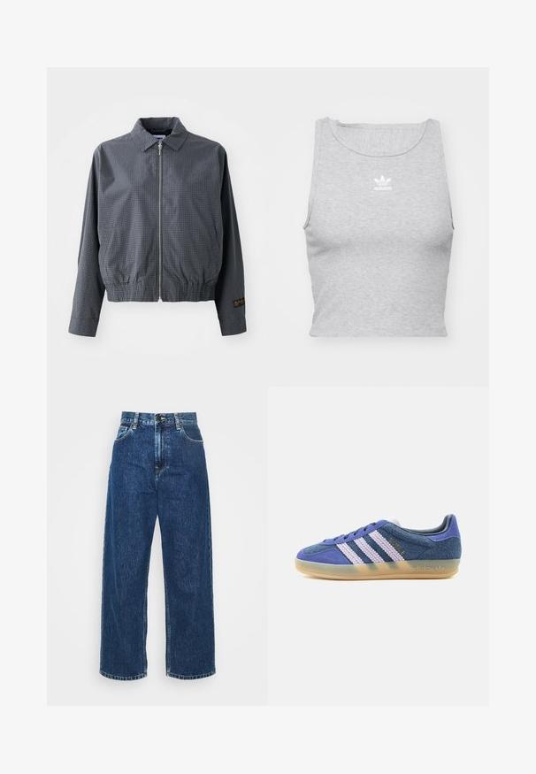 Sivá károvaná bomber bunda, ľahký materiál, zips, golier, elastický lem, bočné vrecká a kontrastný detail loga na rukáve.; Šedý, bezrukávový crop top vyrobený z jemnej látky, s okrúhlym výstrihom a malým bielym logom Adidas na hrudi.; Svetlomodré denimové nohavice s širokými nohavicami a vysokým pásom, s viditeľným šitím a klasickými vreckami. Obsahujú zapínanie na gombík a zips.; Nízke tenisky z modrej semišovej kože s bielymi plastickými pásikmi, priehľadnou gumovou podrážkou a zlatým logom "BAYRE" na boku.