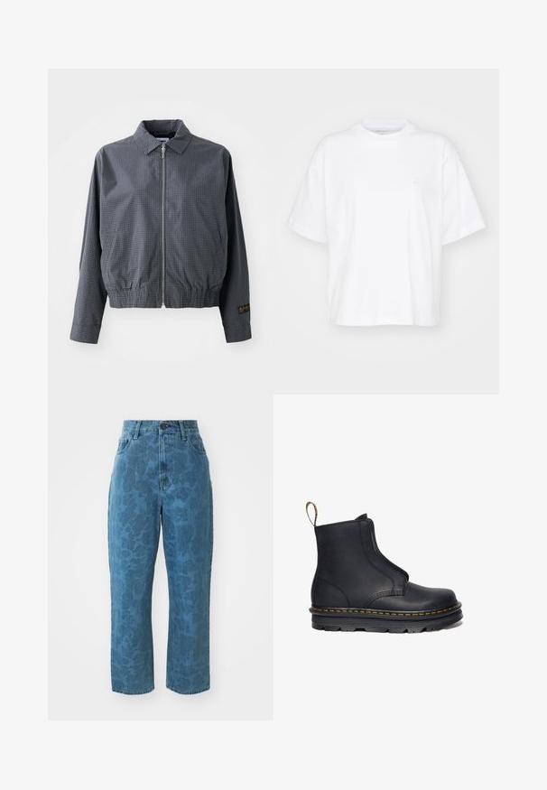 Γκρι καρό bomber jacket, ελαφρύ ύφασμα, κλείσιμο με φερμουάρ, γιακάς, ελαστική μέση, πλαϊνές τσέπες και αντίθετη λεπτομέρεια λογότυπου στο μανίκι.; Λευκή βαμβακερή μπλούζα με στρογγυλή λαιμόκοψη, κοντά μανίκια και άνετη εφαρμογή. Διαθέτει μια διακριτική λογότυπο στην αριστερή περιοχή του στήθους. Λείος υφή.; Ανοιχτού μπλε τζιν παντελόνι με διακριτική εικονογραφία υφής, ψηλή μέση και ευθεία γραμμή. Περιλαμβάνει κλείσιμο με κουμπί και φερμουάρ μπροστά.; Μαύρη δερμάτινη μπότες μέχρι τον αστράγαλο με ελαστικές πλαϊνές επενδύσεις, στρογγυλή μύτη, αντίθετη κίτρινη ραφή και χοντρή ελαστική σόλα.