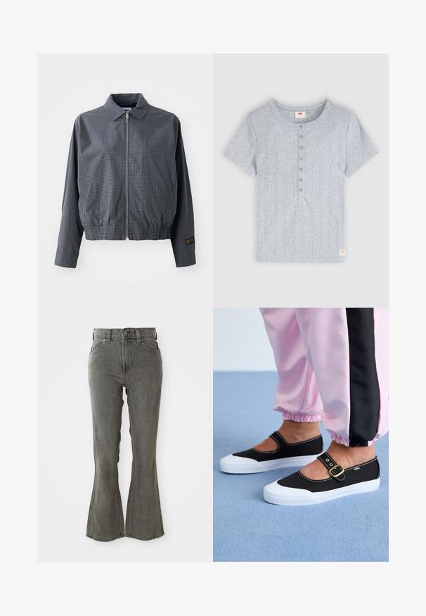 Γκρι καρό bomber jacket, ελαφρύ ύφασμα, κλείσιμο με φερμουάρ, γιακάς, ελαστική μέση, πλαϊνές τσέπες και αντίθετη λεπτομέρεια λογότυπου στο μανίκι.; Ανοιχτό γκρι κοντομάνικο ριμπ πουκάμισο με στρογγυλή λαιμόκοψη και έξι κουμπιά μπροστά, με μικρή κόκκινη ετικέτα με το λογότυπο της Levi's στο κάτω μέρος.; Γκρίζα τζιν παντελόνια με φαρδιά κοψίματα, ψηλή μέση, θηλιές ζώνης, πέντε τσέπες και μαλακό, υφή υφάσματος.; Μαύρα καμβά παπούτσια με λευκή σόλα, με σχέδιο κοπής και χρυσό λουρί. Φορεμένα με ροζ φόρμες.