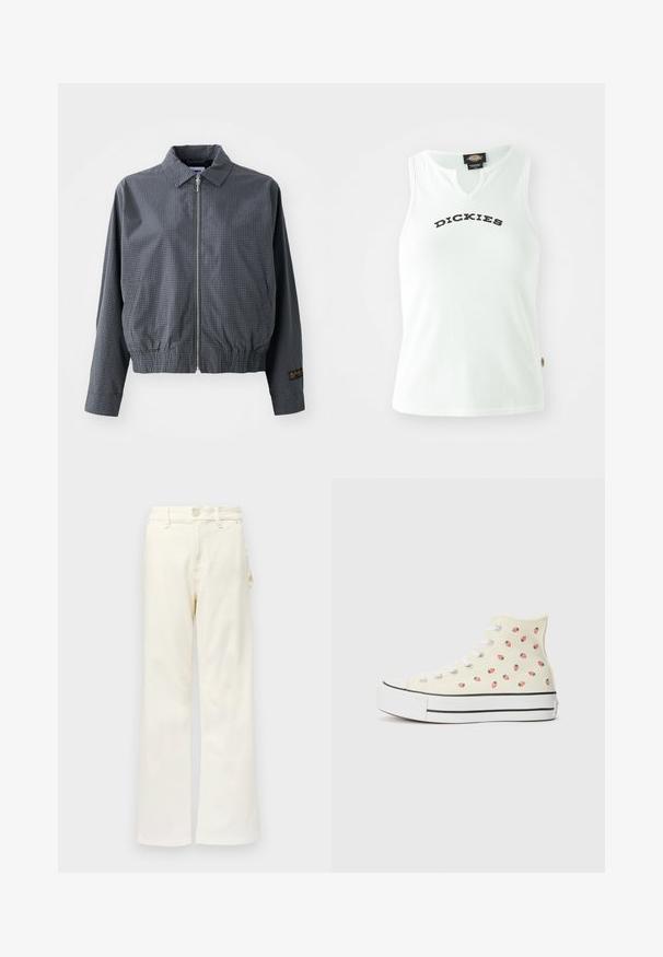 Veste bomber à carreaux gris, en tissu léger, avec fermeture éclair, col, ourlet élastique, poches latérales et détail de logo contrastant sur la manche.; Débardeur blanc à côtes avec un design en V, affichant le mot "DICKIES" en lettres noires en gras sur la poitrine. Sans manches.; Good American GOOD 90S CARPENTER - Wide Leg - white denim; Des baskets montantes en toile jaune, ornées d'un motif de petites fraises rouges, avec des lacets blancs et une semelle blanche rayée de noir.