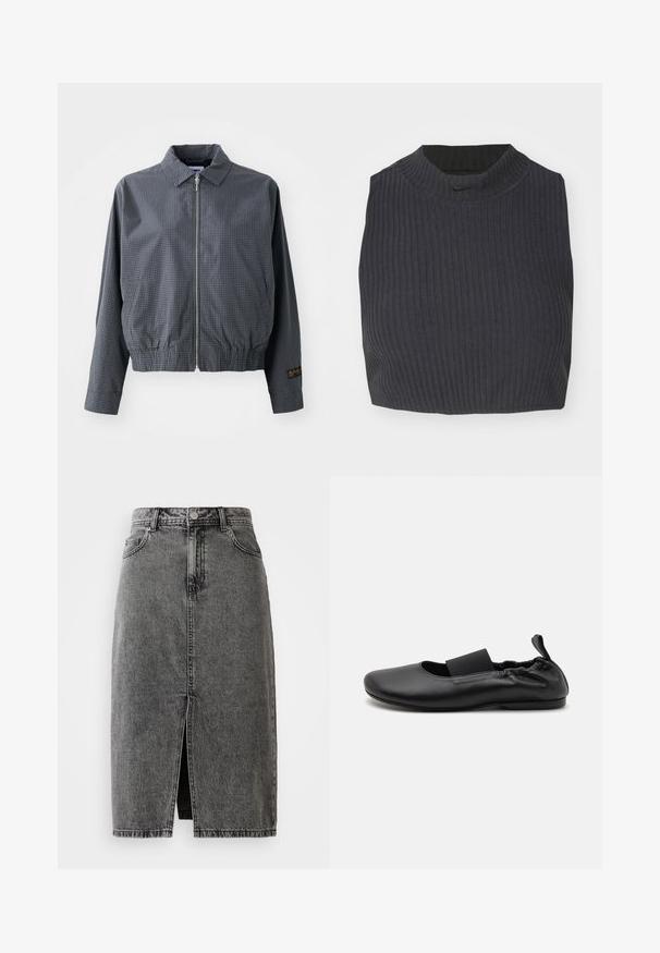 Γκρι καρό bomber jacket, ελαφρύ ύφασμα, κλείσιμο με φερμουάρ, γιακάς, ελαστική μέση, πλαϊνές τσέπες και αντίθετη λεπτομέρεια λογότυπου στο μανίκι.; Κοντό ριμπ μπλουζάκι σε σκούρο ναυτικό, με υψηλή λαιμόκοψη και διακριτό λογότυπο Nike. Το ύφασμα έχει υφή και ελαστική εμφάνιση.; Μίντι φούστα από ξεθωριασμένο μαύρο τζιν, ψηλόμεση, με μπροστινή σχισμή, θηλιές για ζώνη και κλασικό σχέδιο πέντε τσέπες.; Μαύρο μπαλαρίνι φτιαγμένο από λεία συνθετική ύλη, με ελαστική ταινία, στρογγυλή μύτη και μικρό τακούνι, με λεπτομέρεια σε συγκεντρωμένη ραφή στο πίσω μέρος.