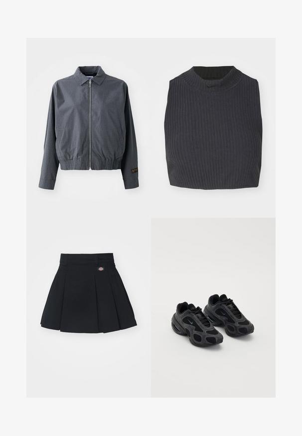 Sivá károvaná bomber bunda, ľahký materiál, zips, golier, elastický lem, bočné vrecká a kontrastný detail loga na rukáve.; Zkrátený žebrovaný top v tmavej námorníckej modri, s vysokým golierom a diskrétnym logom Nike. Tkanina má textúrovaný, elastický vzhľad.; Čierna plisovaná sukňa s plochým pásom, na ktorej je malá nášivka s logom. Hladká tkanina a rozšírený tvar, ktorý dosahuje polovicu stehna.; Čierne tenisky Nike s panelmi z sieťoviny a semišu, unikátnymi výrezmi a vypolstrovanými goliermi. Lesklé akcenty na stranách zdôrazňujú moderný dizajn.