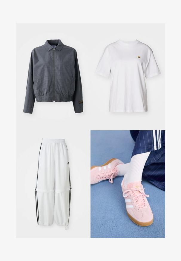 Grå ternet bomberjakke, letvægtsstof, lynlåsclosure, krave, elastisk kant, sidelommer og kontrasterende logo-detalje på ærmet.; Hvid bomulds-t-shirt med en afslappet pasform, korte ærmer og et lille broderet logo på venstre brystområde.; Hvide sportbukser med en afslappet pasform, elastisk talje og sorte sidelæg. Har lynlåslommer og elastiske afslutninger ved anklerne.; Lyserøde ruskinds sneakers med hvide striber og snørebånd, udstyret med en struktureret tunge og en gummisål, placeret på et blåt tæppe.