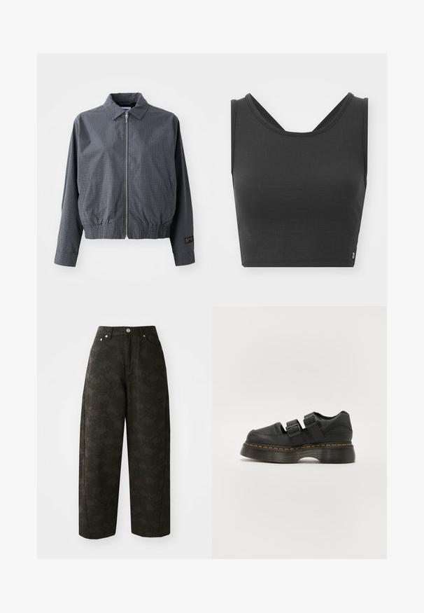 Sivá károvaná bomber bunda, ľahký materiál, zips, golier, elastický lem, bočné vrecká a kontrastný detail loga na rukáve.; Čierny top so skrátenou dĺžkou, vyrobený z textúrovanej látky, s širokými ramienkami a dizajnom v tvare V na chrbte. Obsahuje minimalistickú estetiku a subtilný dizajnový detail loga.; Tmavozelené široké nohavice s textúrovaným kvetinovým vzorom, päť vreciek a kovovými gombíkmi na zapínanie v páse.; Čierna kožená topánka s dvoma nastaviteľnými prackami, zvýšenou textúrovanou podrážkou a viditeľným oranžovým prešitím pozdĺž medzipodrážky.