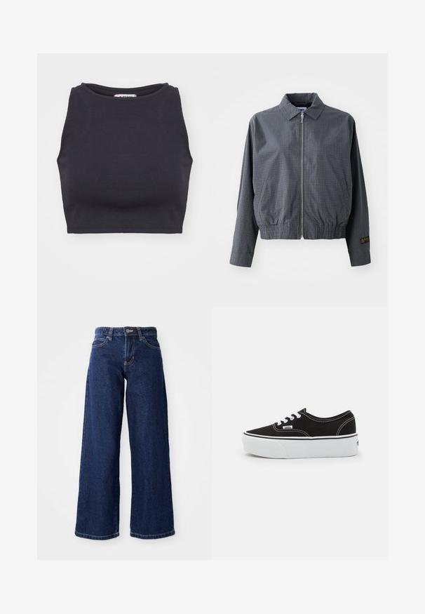 Grå ternet bomberjakke, letvægtsstof, lynlåsclosure, krave, elastisk kant, sidelommer og kontrasterende logo-detalje på ærmet.; Sort ribbet crop top med rund halsudskæring og uden ærmer. Glat tekstur, tætsiddende form og minimalistisk stil.; Mørkeblå vide jeans lavet af denim, med knap- og lynlåslukning, bæltesløjfer og klassisk fem-lomme design.; Sort lærred sneakers med en hvid gummi platform sål, der har hvide snørebånd og syninger, ikonisk branding på siden, lav-top design.