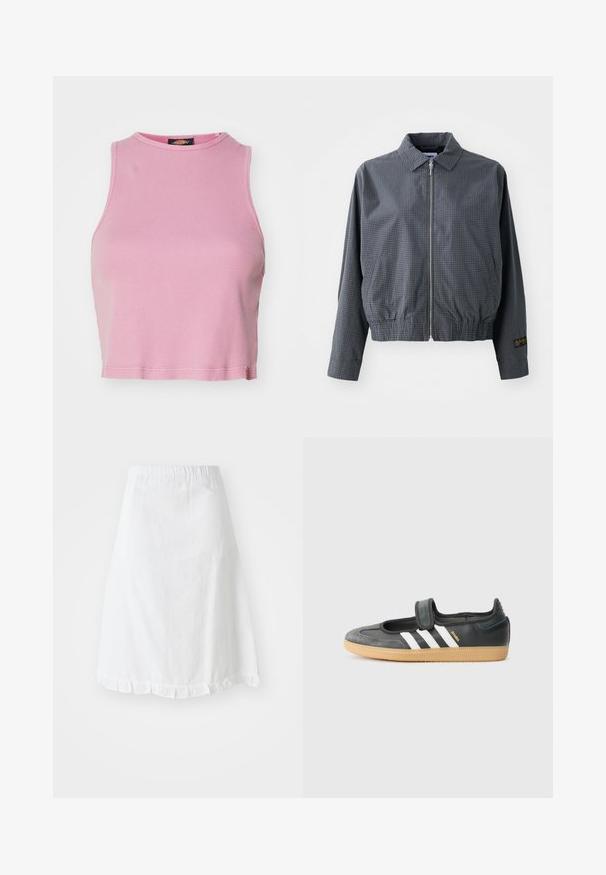 Chaqueta bomber a cuadros grises, de tejido ligero, con cierre de cremallera, cuello, dobladillo elástico, bolsillos laterales y detalle de logo en contraste en la manga.; Top corto de canalé rosa con cuello redondo y diseño sin mangas. Presenta un dobladillo que termina justo por encima de la cintura.; Falda blanca con cintura elástica, que presenta un patrón texturizado y un dobladillo con volantes en la parte inferior. Diseño simple en forma de A.; Zapatilla de deporte de cuero negro y ante con una correa de Velcro, que presenta tres rayas blancas y una suela de goma, etiquetada "SAMBA" en el lateral.