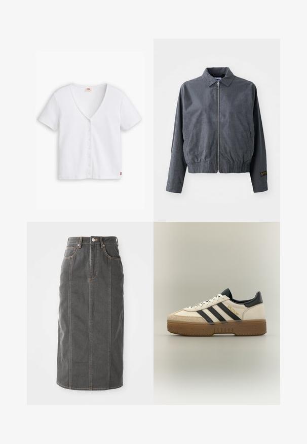 Veste bomber à carreaux gris, en tissu léger, avec fermeture éclair, col, ourlet élastique, poches latérales et détail de logo contrastant sur la manche.; Haut blanc à rayures, à manches courtes et décolleté en V profond, avec une rangée de six boutons sur le devant et un petit logo rouge sur l'ourlet.; Jupe midi en denim gris avec une coupe droite, cinq poches et des coutures orange le long des bords. Elle dispose d'une fermeture à boutons sur le devant et de passants de ceinture.; Baskets blanches Adidas avec bandes noires, bout en daim beige, semelle marron et "SPEZIAL" en lettres dorées sur le côté.
