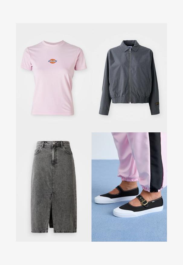Γκρι καρό bomber jacket, ελαφρύ ύφασμα, κλείσιμο με φερμουάρ, γιακάς, ελαστική μέση, πλαϊνές τσέπες και αντίθετη λεπτομέρεια λογότυπου στο μανίκι.; Ροζ βαμβακερό μπλουζάκι με κοντά μανίκια, στρογγυλή λαιμόκοψη και ένα μικρό κυκλικό λογότυπο σε κόκκινα, κίτρινα και μπλε χρώματα στο στήθος.; Μίντι φούστα από ξεθωριασμένο μαύρο τζιν, ψηλόμεση, με μπροστινή σχισμή, θηλιές για ζώνη και κλασικό σχέδιο πέντε τσέπες.; Μαύρα καμβά παπούτσια με λευκή σόλα, με σχέδιο κοπής και χρυσό λουρί. Φορεμένα με ροζ φόρμες.