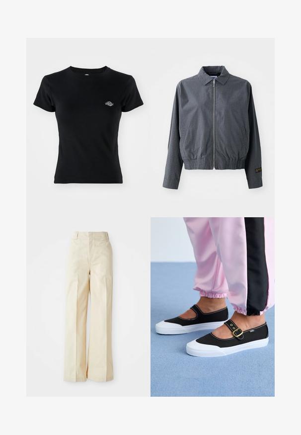 Sivá károvaná bomber bunda, ľahký materiál, zips, golier, elastický lem, bočné vrecká a kontrastný detail loga na rukáve.; Čierne rebrované tričko s okrúhlym výstrihom a krátkymi rukávmi, s malým vyšitým logom na ľavej strane hrude.; Béžové nohavice s širokými nohavicami a vysokým pásom, vyrobené z hladkej látky a s pekne prešitou prednou záhybom, na jednoduchom bielom pozadí.; Čierne plátenné topánky s bielou podrážkou, s výrezovým dizajnom a zlatým prackovým remienkom. Nosené s ružovými teplákmi.