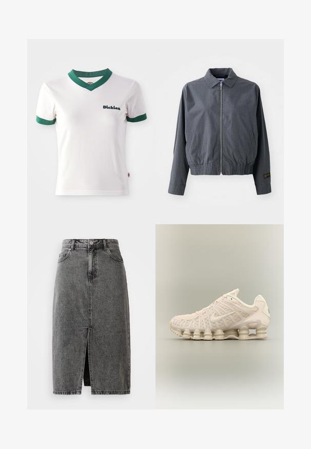 Veste bomber à carreaux gris, en tissu léger, avec fermeture éclair, col, ourlet élastique, poches latérales et détail de logo contrastant sur la manche.; T-shirt blanc à manches courtes avec un col en V vert et des bordures de manches vertes ; présente le logo "Dickies" en vert foncé sur le côté gauche de la poitrine. Texture de coton lisse.; Jupe midi en denim noir délavé, taille haute, avec fente frontale, passants de ceinture et design classique à cinq poches.; Baskets Nike beige avec unités de semelle visibles en forme de ressort, dessus en mesh et logo swoosh sur le côté, vues de l'extérieur.