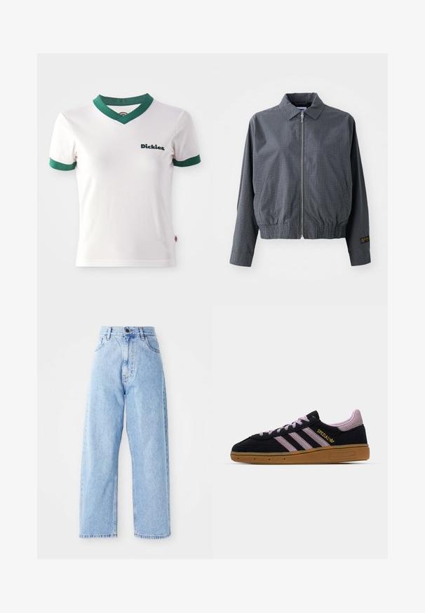 Chaqueta bomber a cuadros grises, de tejido ligero, con cierre de cremallera, cuello, dobladillo elástico, bolsillos laterales y detalle de logo en contraste en la manga.; Camiseta de algodón blanca de manga corta con cuello en V y ribetes verdes; cuenta con el logo de "Dickies" en verde oscuro en el lado izquierdo del pecho. Textura de algodón suave.; Jeans de mezclilla de tiro alto en color azul claro, con piernas rectas y anchas, cierre frontal con botón y cremallera, y bolsillos delanteros y traseros.; Zapatilla de ante negra y rosa con suela de goma, tres rayas rosas, branding dorado "SPEZIAL" y suela de goma texturizada. Diseño de corte bajo.