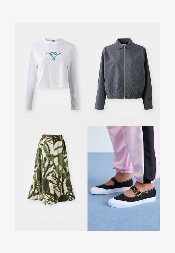 Γκρι καρό bomber jacket, ελαφρύ ύφασμα, κλείσιμο με φερμουάρ, γιακάς, ελαστική μέση, πλαϊνές τσέπες και αντίθετη λεπτομέρεια λογότυπου στο μανίκι.; Άσπρη κοντομάνικη μπλούζα με μακριά μανίκια από βαμβάκι, με γραφικό σχέδιο ενός πράσινου φιδιού που είναι διαπλεκόμενο με σχέδιο ενός κλειδιού στο μπροστινό μέρος.; Μακριά φούστα με σχέδιο κάκτου σε αποχρώσεις πράσινου και κρέμα, με ελαστική μέση και καφέ ζώνη για κλείσιμο.; Μαύρα καμβά παπούτσια με λευκή σόλα, με σχέδιο κοπής και χρυσό λουρί. Φορεμένα με ροζ φόρμες.