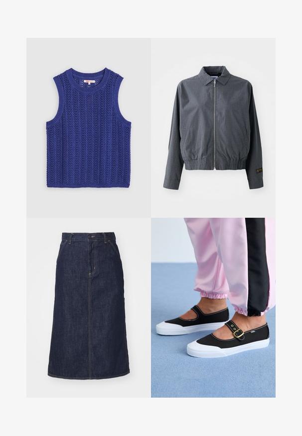 Sivá károvaná bomber bunda, ľahký materiál, zips, golier, elastický lem, bočné vrecká a kontrastný detail loga na rukáve.; Pletený bezrukávový top v žiarivej purpurovej farbe, s textúrovaným vzorom, okrúhlym výstrihom a rebrovanými okrajmi.; Tmavé džínsové sukne s vysokým pásom, rovný strih, predné vrecká a prešitými švami. Obsahuje zips a gombík na uzatvorenie v páse.; Čierne plátenné topánky s bielou podrážkou, s výrezovým dizajnom a zlatým prackovým remienkom. Nosené s ružovými teplákmi.
