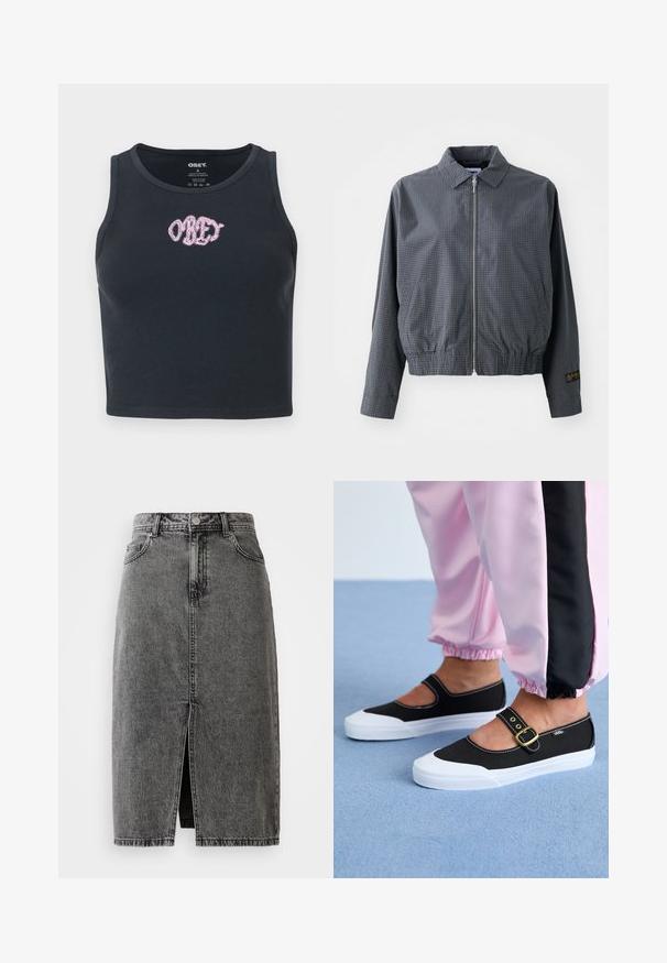 Grijze geruite bomberjack, lichtgewicht stof, ritssluiting, kraag, elastische zoom, zijzakken en contrasterend logo detail op de mouw.; Zwarte geribbelde crop top van katoen met een ronde hals en een roze geborduurde "OBEY" logo op de borst.; Hoge taille, vervaagde zwarte denim midi-jurk met een split aan de voorkant, riemlussen en een klassieke vijf-pocket ontwerp.; Zwarte canvas schoenen met een witte zool, met een uitgesneden ontwerp en een gouden gespband. Draagt met roze joggingsbroek.