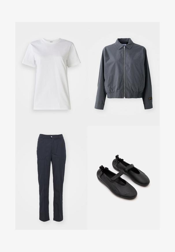 Veste bomber à carreaux gris, en tissu léger, avec fermeture éclair, col, ourlet élastique, poches latérales et détail de logo contrastant sur la manche.; T-shirt en coton blanc avec un col rond et des manches courtes. Le tissu est lisse avec une texture douce et sans motifs ni accents visibles.; Pantalons bleu marine foncé avec une coupe droite, comportant deux poches avant, une fermeture à bouton et une texture de tissu lisse.; Paire de chaussures en cuir noir style Mary Jane avec arrière élastiqué et bride velcro, avec un logo Puma discret sur chaque orteil.