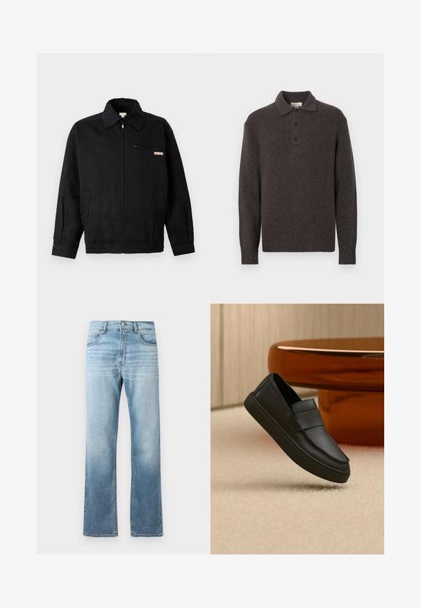 Calvin Klein Jeans JACKET - Let jakke / Sommerjakker - black; Mørkebrun strikket pullover med krave, tre-knaps plade og ribstrikkede manchetter og kant. Har et tekstureret mønster med prikker.; Lysblå denim jeans med lige ben-design, der har falmning langs lårene, to frontlommer og en klassisk knaplukning.; Sort lædersko med elastik over vristen, placeret på et beige tæppe og ved et brunt rundt bord.