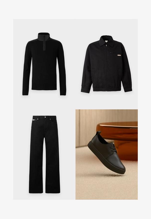 Calvin Klein Jeans JACKET - Let jakke / Sommerjakker - black; Sort sweater med høj krave og lynlås i kvart længde. Har glat stof og kontrasterende teksturerede skulderpaneler.; Sorte denimbukser med bred ben-design, der har fem lommer og metallisk knapdetalje. Glat tekstur, uden synlige mønstre.; Sort lædersneaker til hverdag med snørebånd, svævende over beige tæppe med et rundt bord af ravfarvet glas i baggrunden.