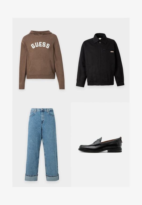Calvin Klein Jeans JACKET - Suvejakk - black; Pruun pullover kapuutsiga sviiter, millel on lõtv sobivus, esipocket ja soonikkoes serv. Valge "GUESS" logo rinnal. Pehme tekstuur.; Kõrge vöökoht, sinised denim püksid, laiad sääred ja üleskeeratud pahkluude osad, ees taskud ja vöötrapid.; Mustast nahast meeste mokasiin, millel on moc varbaõmblus, penny rihm, tekstuuriga krae ja madal virnastatud konts valgel taustal.