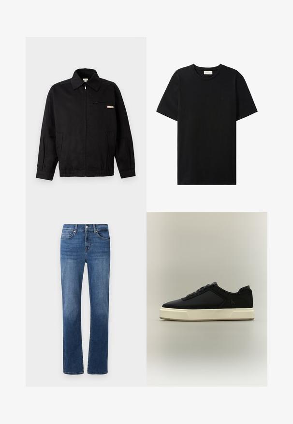 Calvin Klein Jeans JACKET - Καλοκαιρινό μπουφάν - black; Μαύρο t-shirt με κοντά μανίκια και στρογγυλή λαιμόκοψη με διακριτικό λογότυπο Calvin Klein Jeans στο στήθος και ετικέτα στο εσωτερικό του λαιμού.; Σκούρες μπλε τζιν παντελόνες με ίσια γραμμή, πέντε τσέπες και αντίθεση ραφής. Διαθέτουν κούμπωμα και φερμουάρ.; Μαύρο αθλητικό παπούτσι χαμηλού ύψους με λευκή χοντρή σόλα, κορδόνια στο μπροστινό μέρος και διακριτικό λογότυπο "cK" στο πλάι.