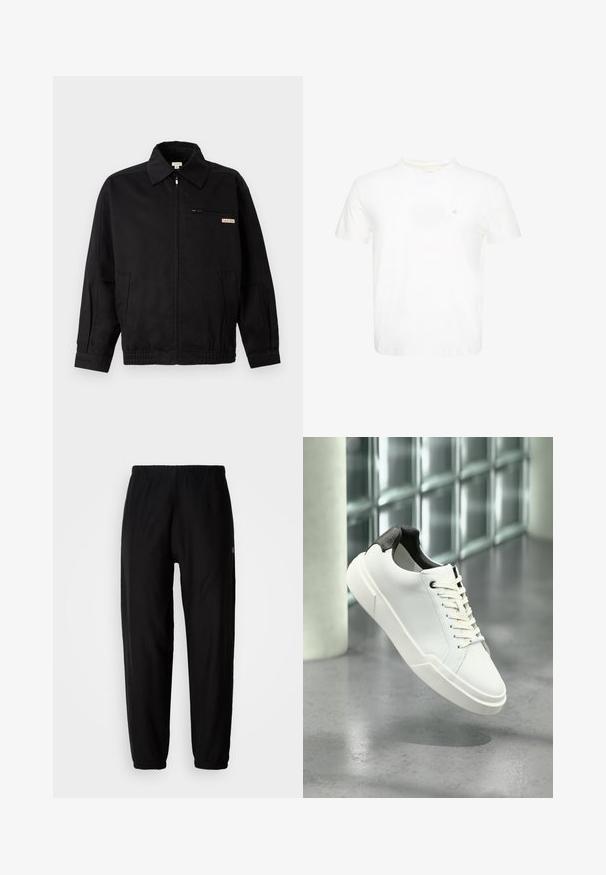 Calvin Klein Jeans JACKET - Let jakke / Sommerjakker - black; Hvid T-shirt med korte ærmer og rund hals med lille broderet "ck" logo på venstre bryst.; Sorte træningsbukser med elastisk talje, tapered ben og manchetter. Glat stoftekstur. Logo detalje på siden.; Hvid lav tå-sneaker med sort struktureret hælfane, hvide snørebånd og tyk sål på en poleret betongulv nær glasblokke.