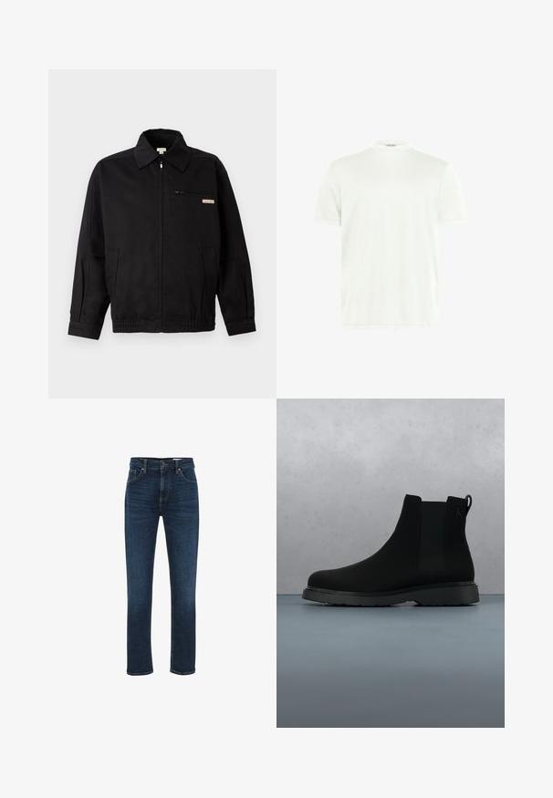Calvin Klein Jeans JACKET - Lichte jas - black; Witte T-shirt met ronde hals gemaakt van zachte stof. Korte mouwen, zonder patronen. Eenvoudig ontwerp met een rechte zoom en minimale details.; WE Fashion BLUE RIDGE - Straight leg jeans - dark blue; Zwarte enkelboot van soepel materiaal met subtiele stiksels, een rubberen zool en een slank ontwerp, gepositioneerd boven een houten textuur.
