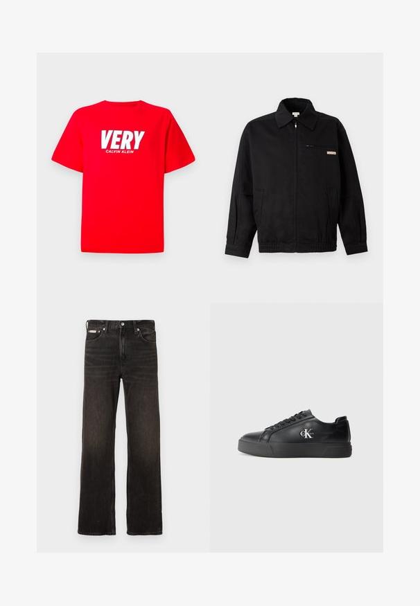 Calvin Klein Jeans JACKET - Letná bunda - black; Červené tričko s krátkym rukávom, na ktorom je veľkými bielymi písmenami nápis "VERY" a pod ním menším bielym textom "CALVIN KLEIN".; Čierne džínsy s rovnými nohavicami, so zmillnnovaným vzhľadom, štýlovými piatimi vreckami a kovovým zapínaním. Obsahujú jemné jemné rysy.; Čierne kožené tenisky s okrúhlou špičkou, plochou čiernou podrážkou a tonálnym šnurovaním. Ozdobené strieborným logom na boku, hladký povrch po celom obvode.