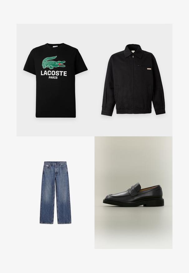Calvin Klein Jeans JACKET - Letná bunda - black; Čierne bavlnené tričko s logom zeleného krokodíla a bielym textom "LACOSTE PARIS". Krátke rukávy a klasický okrúhly výstrih.; Modré rifle rovného strihu s prednými vreckami, opaskovými pútkami a zapínaním na gombíky, položené na bielom pozadí.; Čierny kožený pánsky mokasín s nízkym podpätkom a pásikovým detailom cez hornú časť, zobrazený v profile na neutrálnom pozadí.