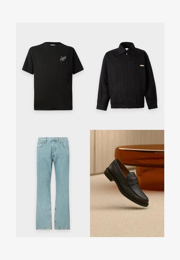 Calvin Klein Jeans JACKET - Letná bunda - black; Čierne bavlnené tričko s krátkymi rukávmi, na ľavej strane hrude s potlačou bieleho loga "Lacoste". Dizajn s okrúhlym výstrihom.; Svetlomodré denimové džínsy s rovnými nohavicami, ktoré majú päť vreciek a gombíkový zapínanie. Viditeľné stehy a strapcovaný lem.; Čierne pánske kožené mokasíny s pásikom na vrchu, vystavené na béžovom koberci pri hnedom modernom okrúhlom stole.