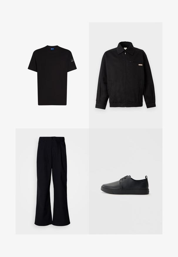 Calvin Klein Jeans JACKET - Καλοκαιρινό μπουφάν - black; Μαύρο βαμβακερό t-shirt με κοντό μανίκι, στρογγυλή λαιμόκοψη και μια μικρή ετικέτα στο αριστερό μανίκι. Λείος υφασμάτινος χαρακτήρας, κανονική εφαρμογή.; Μαύρο παντελόνι με φαρδιά πόδια από βαμβάκι, με πτυχές μπροστά, που διαθέτει κουμπί κλεισίματος και θηλιές ζώνης, λεία υφή και χωρίς ορατά σχέδια.; Μαύρο δερμάτινο αθλητικό παπούτσι με λεία επιφάνεια, στρογγυλή μύτη, τονικό ράψιμο, κορδόνια μπροστά και επίπεδη καουτσούκ σόλα. Βρόχος στην πτέρνα.