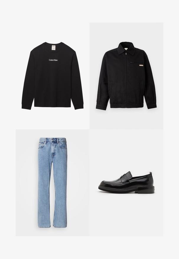 Calvin Klein Jeans JACKET - Let jakke / Sommerjakker - black; Sort langærmet t-shirt med rund hals og teksten "Calvin Klein" trykt i hvid på midten foran.; Lyseblå denimjeans med lige ben design, fem lommer og knaplukning. Syninger nær lommer og talje.; Calvin Klein MOCCASIN - Business loafers - black