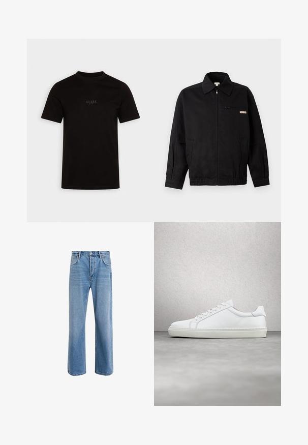 Calvin Klein Jeans JACKET - Let jakke / Sommerjakker - black; Sort kortærmet t-shirt lavet af bomuld, med rund halsudskæring og et logo på forsiden af brystet med "GUESS EST. 1981" i et diskret design.; Lyseblå denim jeans med lige ben-design, fem lommer, knaplukning, minimal falming og kontraststingdetaljer.; Hvide sneakers med en glat læderoverdel og lav profil. Har en rund tå, seks snørehuller og en tekstureret gummisål.