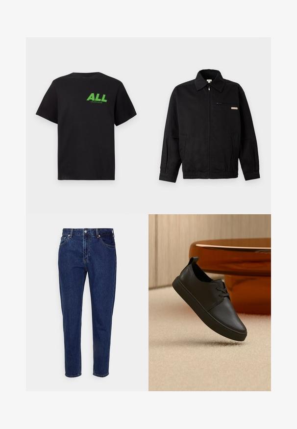 Calvin Klein Jeans JACKET - Let jakke / Sommerjakker - black; Sort kortærmet T-shirt med grøn "ALL" tekst og mindre "Calvin Klein" logo trykt på den øverste venstre bryst.; Mørkeblå straight-leg cowboybukser med forreste knap- og lynlås-lukning, bæltestropper samt for- og baglommer.; Sort lædersneaker til hverdag med snørebånd, svævende over beige tæppe med et rundt bord af ravfarvet glas i baggrunden.