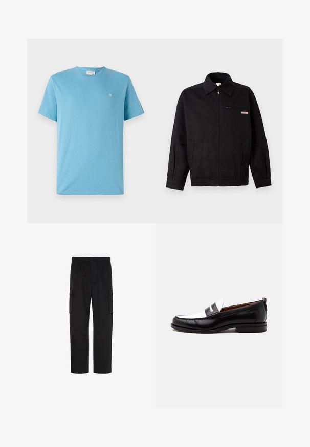 Calvin Klein Jeans JACKET - Letná bunda - black; Svetlomodré bavlnené tričko s okrúhlym výstrihom, krátkymi rukávmi a malým bielym logom v hornej ľavej časti hrudníka. Hladká textúra.; Čierne cargo nohavice s rovnými nohavicami, elastickým pásom, zapínaním na gombíky a dvoma klopovými vreckami po stranách.; Čierno-biely kožený loafer s prešívanými detailmi, nízkym podpätkom a slip-on dizajnom, zobrazený z boku na jednotnom pozadí.
