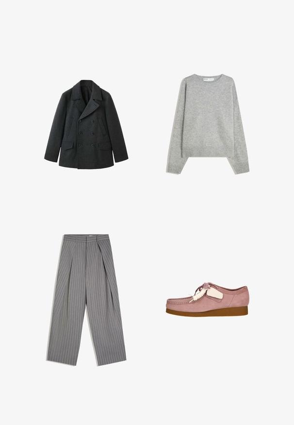 Dunkelgrauer Woll-Peacoat mit doppelreihigem Design, breiten Revers, zwei Vordertaschen und einer strukturierten Oberfläche.; Grauer Strickpullover mit Rundhalsausschnitt, Rippbündchen und -saum, mit entspannter Passform und weichem Material.; Graue Hosen mit weitem Bein, weißen Nadelstreifen und vorderen Falten, mit hohem Bund und Gürtelschlaufen.; Hellrosa Wildlederschuh mit runder Spitze, Schnürdesign und cremefarbenem Akzentetikett. Verfügt über eine beige Gummisohle für zusätzlichen Halt.