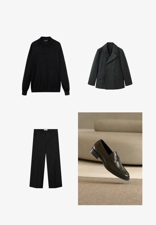 Abrigo tipo peacoat de lana gris oscuro con diseño de doble botonadura, solapas anchas, dos bolsillos frontales y acabado texturizado.; Polo negro de manga larga hecho de tejido suave, con un collar clásico, tres botones y puños y dobladillo acanalados.; Pantalones negros de pierna ancha hechos de un material liso, con bolsillos delanteros, cierre de botón y una plancha a lo largo de cada pierna.; Zapato mocasín de cuero negro flotando sobre una alfombra beige con un sofá beige en el fondo, mostrando el diseño clásico para hombres sin cordones.